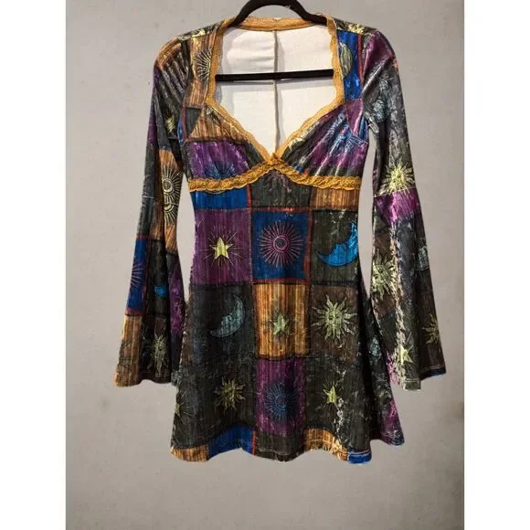 Shein -  Grunge Sun & Moon Print Contrast Lace Flounce Sleeve Dress  Sz XS - Picture 3 of 12